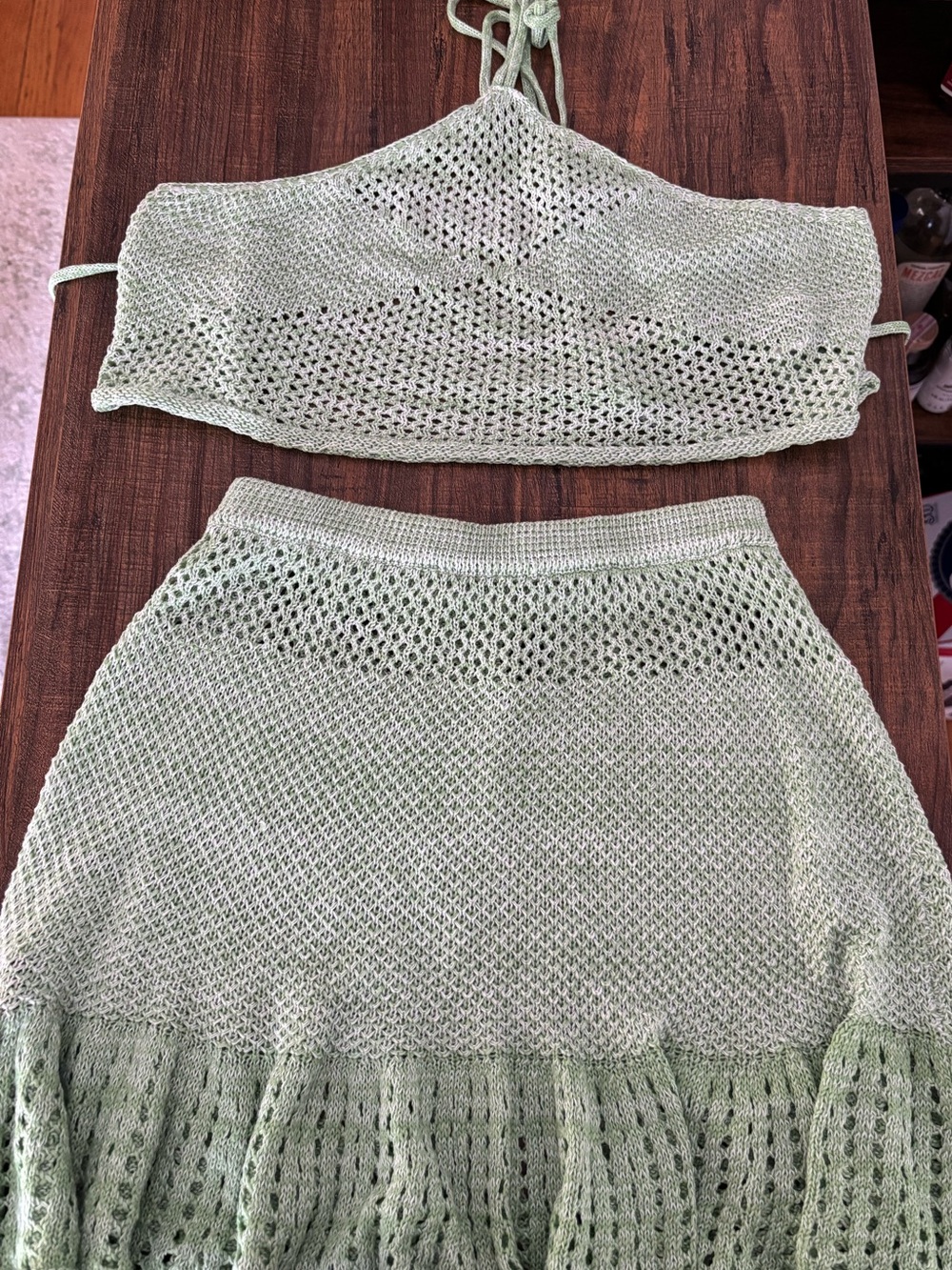 Green crochet skirt and triangle top set